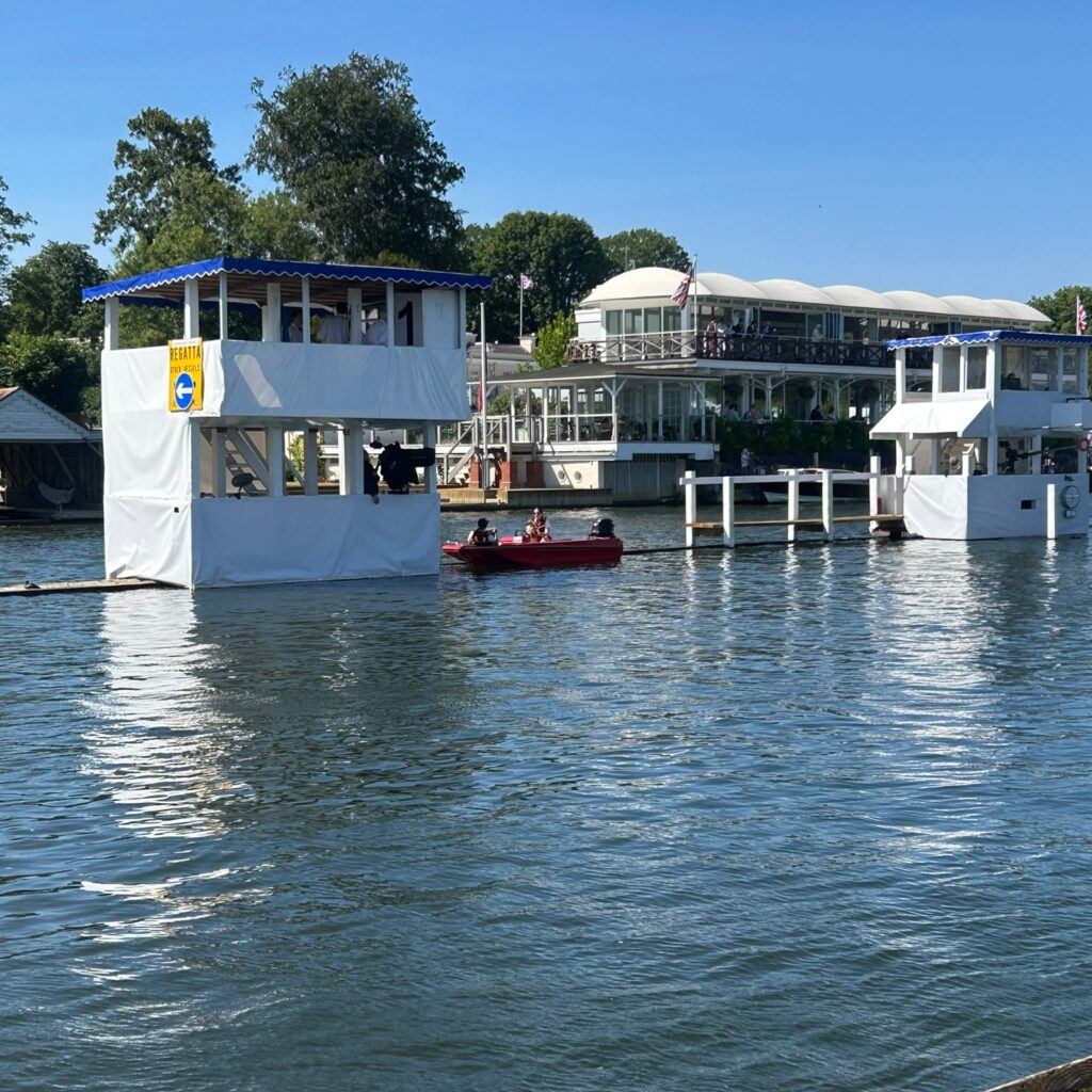 View of safety boat at Henley Finish line from a distance