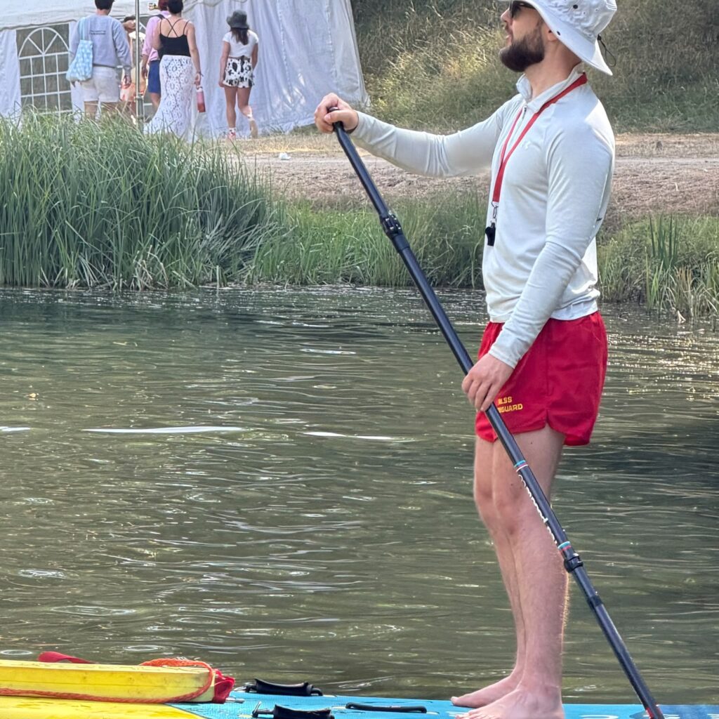 Lifeguard standing on paddleboard