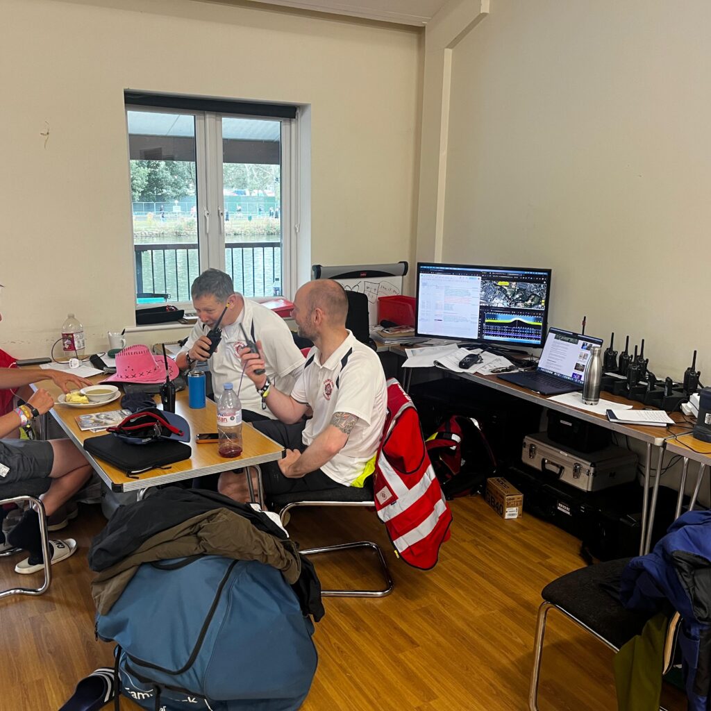 Lifeguards sitting at desk using radios